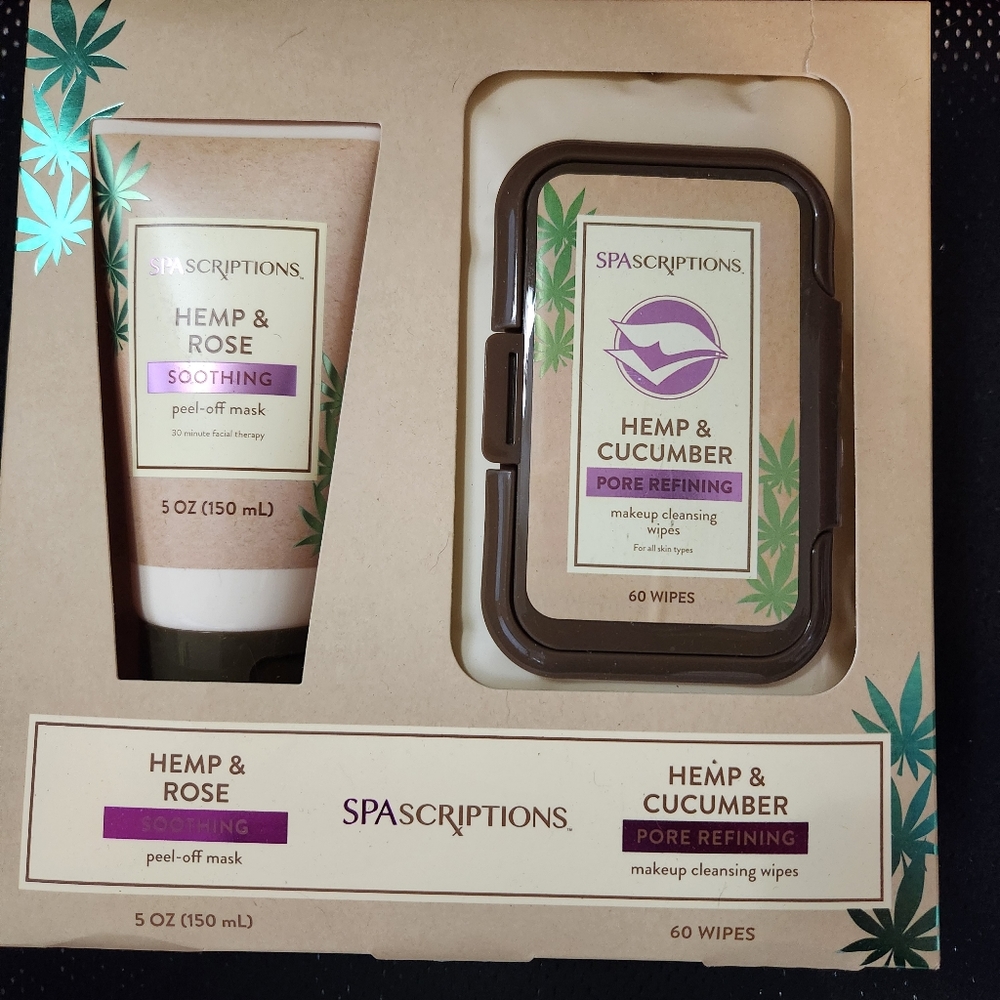 SpaScriptions Hemp & Rose Peel-Off Mask & Hemp + Cucumber Makeup Wipes Set New